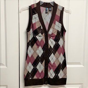 Weavers Brown Multi Color Diamon Cut Button Front Tunic Knit Top Size M